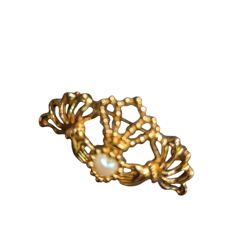 AJC Vintage Gold Tone Claddagh Brooch Pin Faux Pearl Heart Crown Hands Irish